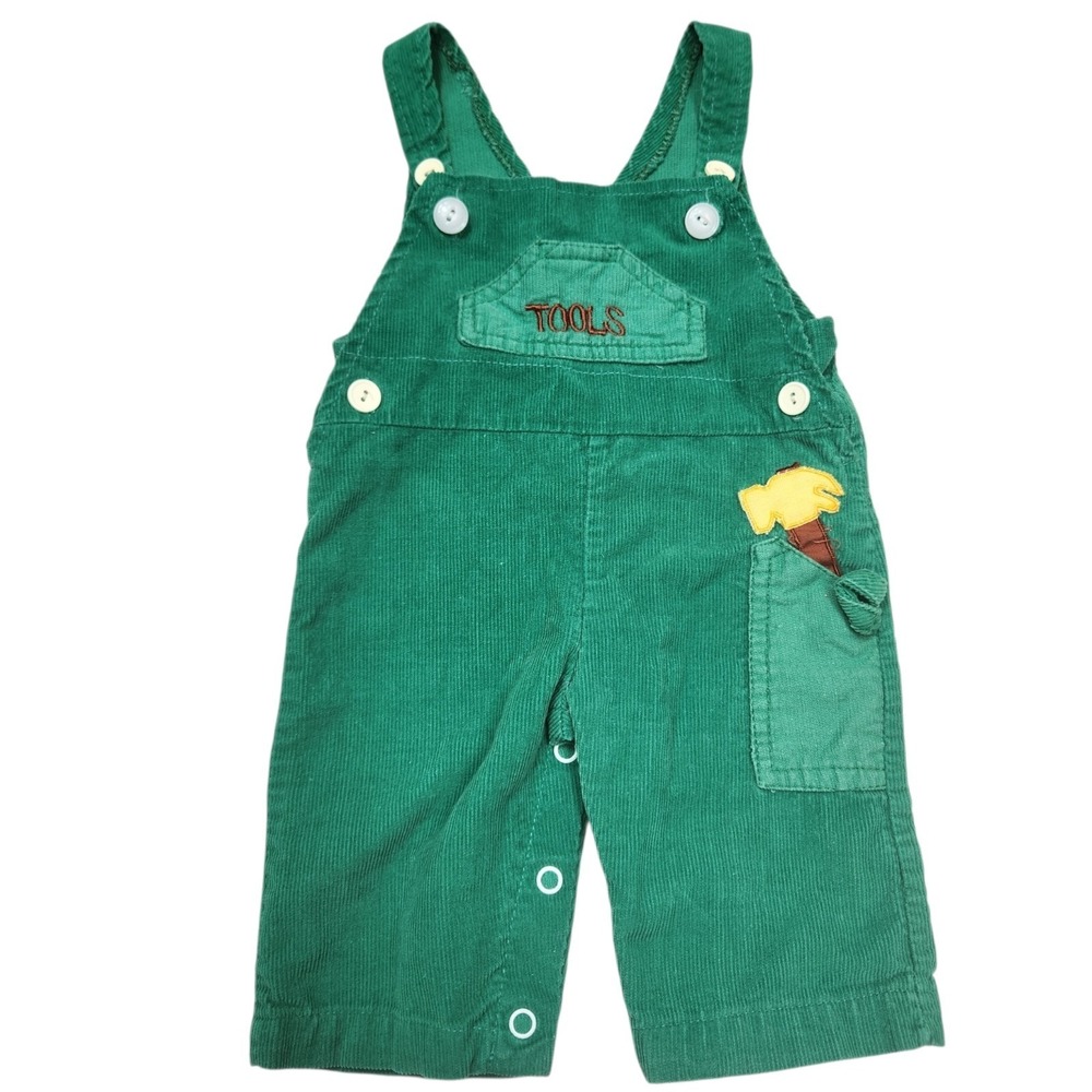 Vintage 1980's Green Corduroy Baby Shortalls Overalls TOOLS Hammer Snap Bottom